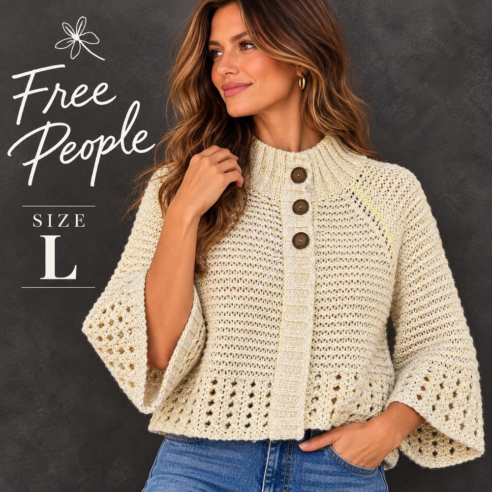 Free People Wool Blend Crop Cardigan L Cream Yellow 3/4 Bell Sleeve Chunky Knit